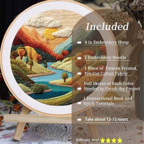 FONNUY Embroidery Kit for Beginners, Brightly Colored Landscape Lake Pre-Stamped Pattern Kits for Adults with Hoop, Easy to Follow Color Thread Needlework, 8'' Hoop (Lightblue) - color: Lightblue
