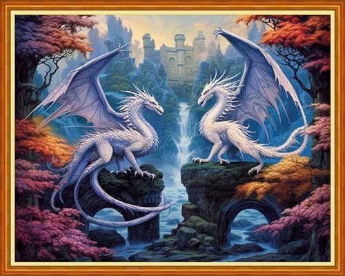 Dooxvey Cross Stitch Kits for Adults Beginners - Full Range of Stamped Kits - 11CT Cross Stitch Patterns - Two Dragon Waterfalls - 16x20 inch - color: Artpattern18