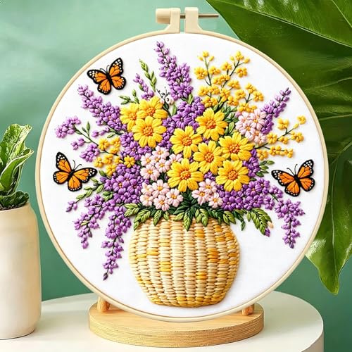 Zhenqing Flower Basket Embroidery Kit for Beginners, Pre-Printed 29x29cm Cotton Fabric with 20cm Hoop, Garden Design with Butterflies (JC0047