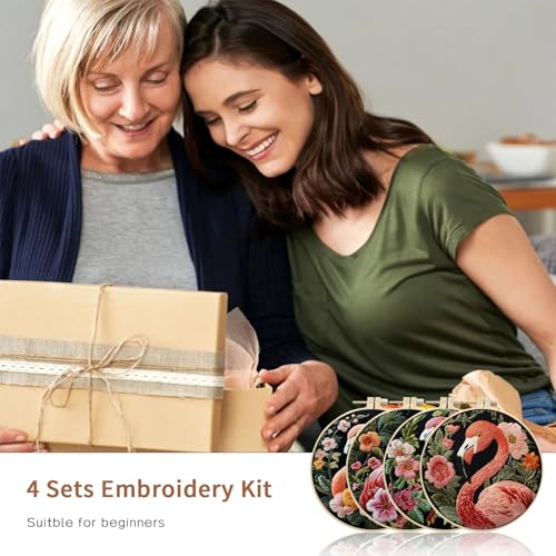 LB 4 Pack Pink Flamingo Embroidery Kit for Beginners Green Leaf Plant Beginner Embroidery Kit for Adults DIY Starter Kit with Embroidery Hoop Colorful Threads Tools Step by Step Instructions - color: Pink and Green