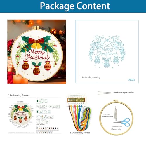 Zhenqing Merry Christmas Embroidery Kit for Beginners, Red Bells and Ornaments Craft Set with 20cm Hoop, Printed Design on 29x29cm Cotton Fabric, DIY Holiday Wall Art (C0036) - style: Christmas Bells