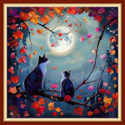 Funxvoot Stamped Cross Stitch Kits for Beginners or Adults Embroidery Starter Patterns | DIY Printed Cross Stitch Kits Needlepoint for Adults or Kids 11CT-Cat Admiring the Moon 18x18 inch - color: color19