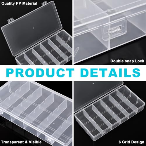 2 Pack Clear Plastic Organizer Box with 6 Grids for Beads, Crafts, Art DIY, Jewelry, Screws, Pins, Fishing Gear, Small Items（No dividers）