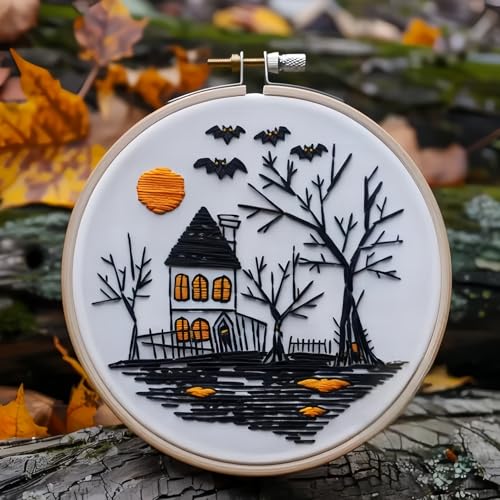 Floral Witch Hat Embroidery Kit Halloween Cross Stitch Material Set with Bat Skull Flower Pumpkin Patterns, DIY Hand Needlepoint Embroidery Craft Kit for Beginners Professional (Haunted House) - color: Haunted House