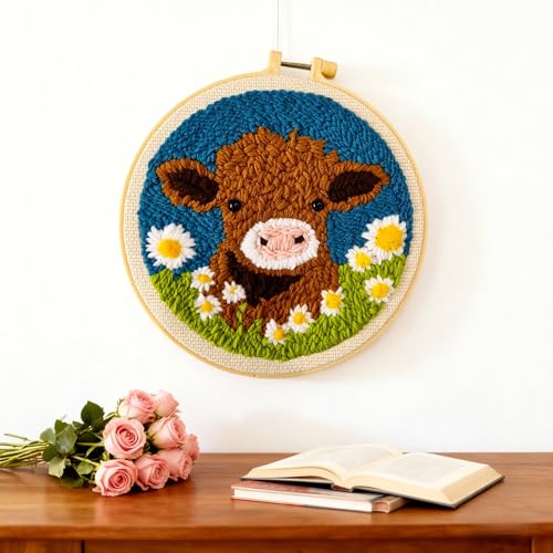 DIY Punch Needle Kits Highland Cow with Daisy Flower with Hoop 20x20cm-1 - color: 01-Highland Cow