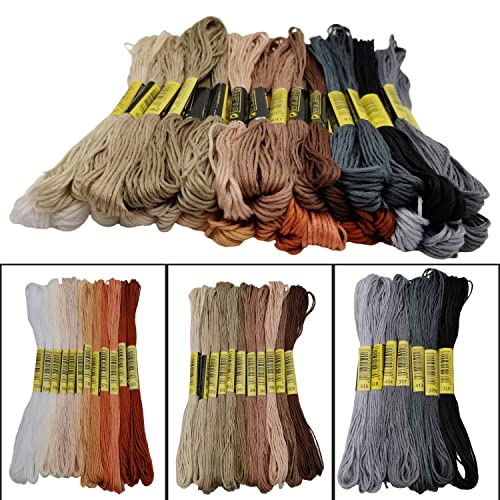 30 Skeins Embroidery Thread,White Brown Grey Black Gradient Embroidery Floss for Cross Stitch and DIY Art Craft,Friendship Bracelets String,with 12 PCS Floss Bobbins - color: White brown gray black gradient