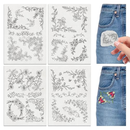 4 Sheets Water Soluble Embroidery Stabilizers 11.69x8.27 Inches Floral Corner Stick and Stitch Embroidery Paper Adhesive Embroidery Transfer Paper for Shirts Coats Bags - style: Floral Corner