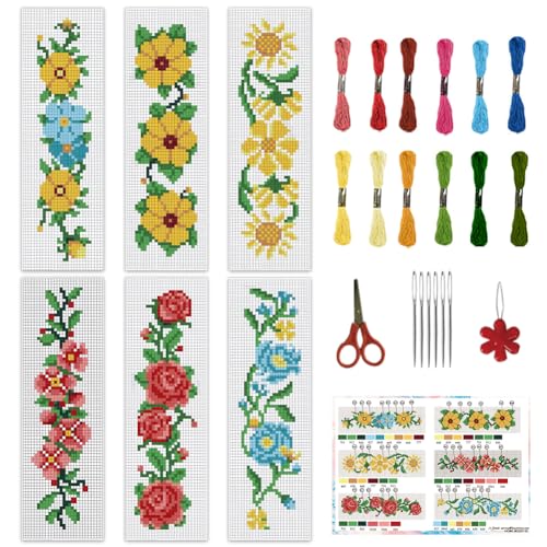 INFUNLY 6 Set Cross Stitch Bookmark Kit Rose Flower DIY Cross Stitch Kit 8"x2.4" Pre-Printed Sunflower Stamped Embroidery Bookmark with Instruction for Beginners Book Lovers Adults Craft Gift - style: Flowers