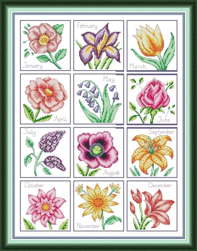 Aiorkeng Cross Stitch Kits Stamped Full Range of Embroidery Starter Kits for Beginners DIY 11CT 3 Strands -Printed kit Year-Round Flowers (Printed) 22.4×28inches - color: printed kits Year-round flowers 57×71cm