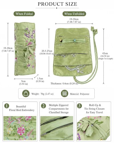 TUMBEELLUWA Embroidery Travel Jewelry Bag Roll Embroidered Flower and Bird Brocade Organizer with Tie Close - color: #1 Green