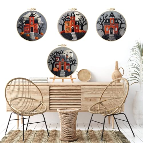 LB 4-Pack Halloween Castle Embroidery Kit for Beginners: Fall Pumpkin and Black Tree Bat Cross Stitch Kit | Adults DIY Starter Kit Includes Embroidery Hoop, Colorful Threads, Tools and Instructions - color: Black Orange