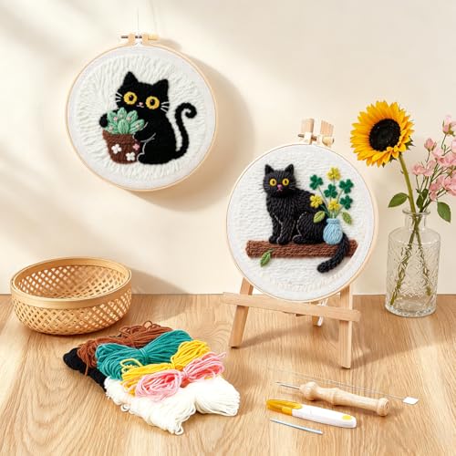 BEUNITONE 2PCS Cat Punch Needle Kit for Adults Beginners, Complete Craft Embroidery Needlepoint Kits with Hoop and Instructions, Punch Needle Starter Craft Set for Home Decor, Festival Gift 20x20cm - color: 01-Cats and Plants
