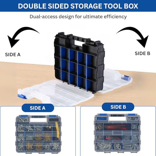 Andalus Tools Organizer Box, Small Parts Storage 34-Compartment Double-Sided Portable Hardware Organizer Removable Plastic Dividers for Screws, Nuts, Bolts, Nails – Blue (2 Pack, 12.5" x 10.5" x 3") - color: Blue, size: 2 Pack