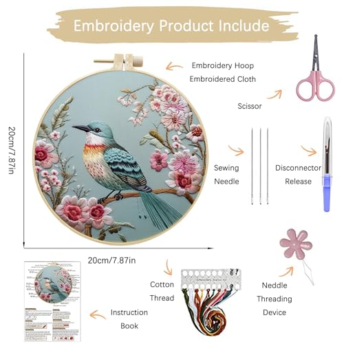 ARTopet Embroidery Kit for Beginners Cross Stitch Kits Needlepoint Set Colorful Bird Patterns Embroidery Thread Kit for Craft Lover Hand Stitch with 7.87in Hoop Threads Fabric-Bird02 - color: Bird02