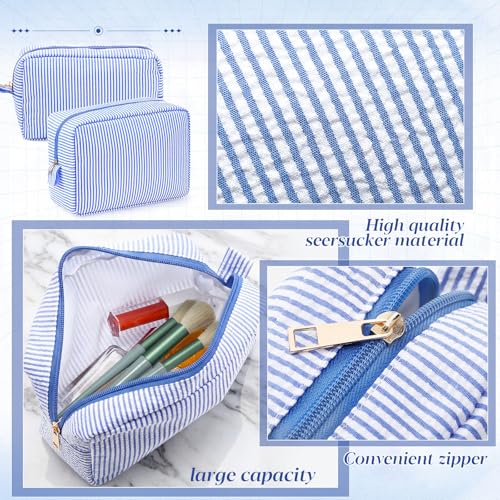 Sanwuta 10 Pcs Seersucker Cosmetic Bag Seersucker Makeup Bag Women Stripe Large Travel Toiletry Organizer Preppy Storage Pouch for Embroidery Wedding Bridesmaid Bride Mom (Navy Blue) - color: Navy Blue