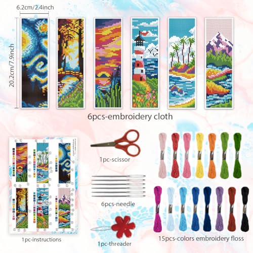BEUNITONE Cross Stitch Kit Bookmark Scenery Landscape Cross Stitch Kits Bookmark Crossstitch Kits 8''x2.4'' Stamped Embroidery Bookmarks for Adults Beginners 6Pcs - style: Landscape