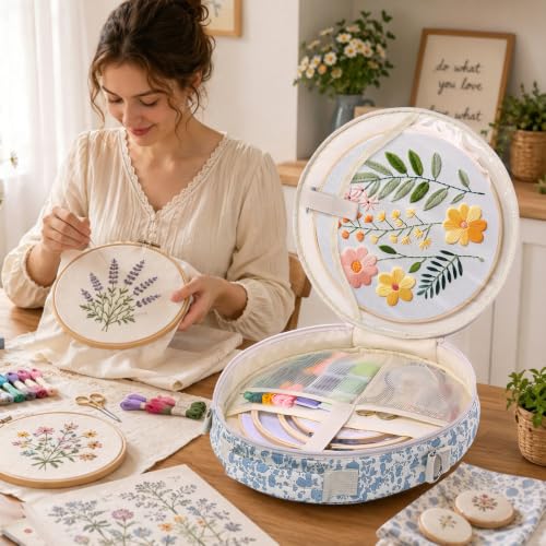 MYBAGZING Embroidery Bag, Hoop Storage Organizer up to 11" for Cross Stitch - color: Blue Flower
