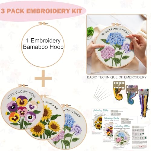 Nuberlic 3 Pack Embroidery Kit for Beginners, Floral Cross Stitch Kit - color: floral