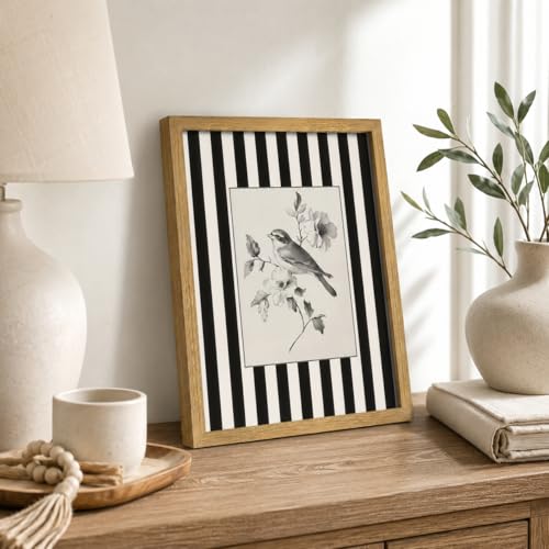Framed Black and White Striped Flower Bird Sketch Wall Art Bathroom Decor - color: Bird Flower, size: 10"L x 8"W