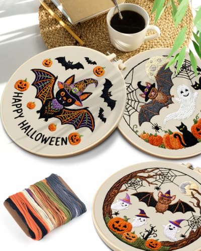 TINDTOP Halloween Embroidery Kit for Adult, 3 Pack Embroidery DIY Starter Kit, with Stamped Patterns, Hoop, Tools, Colorful Threads with Needles, Instructions - color: Halloween B