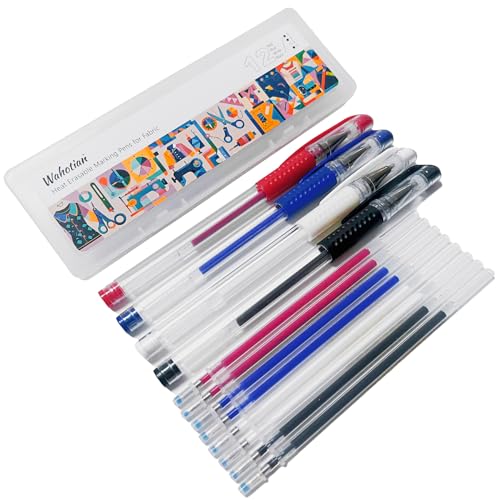 12 Pieces Heat Erasable Disappearing Ink Pens for Fabric for Sewing and Quilting DIY Dressmaking with 4 Pens + 8 Refills No Ghost Lines for Precise Tailors Marking