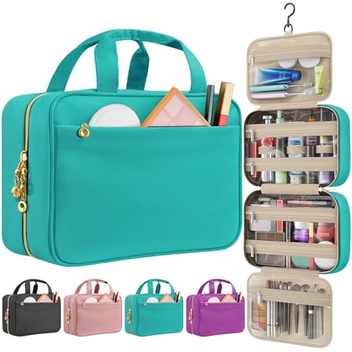 Travel Toiletry Bag for Women, Hanging Makeup Organizer Clear Pockets - color: Green, size: Medium