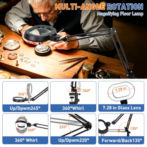 Floor Magnifying Glass with Light, 4 Wheel Stable Stand Base 12X - color: Black