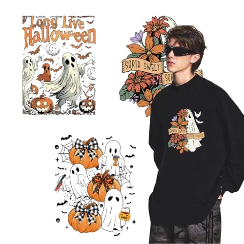 Halloween Iron on Transfers Pumpkin Bow Iron on Patches Fall Floral Heat Transfer Vinyl Designs 3 Sheets Cute Ghost with Flower Iron on Decal for Hat Women&Men T-Shirt Pillow Canvas Bag DIY Decor - size: S9