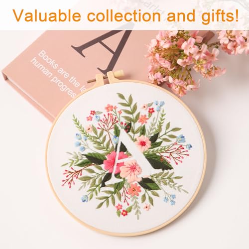 Harimau Letter A Pattern Embroidery Kit for Adult Beginners, Complete Starter Pack with 1 Hoop, Needles, Instruction Guide & Embroidery Stitch Video Tutorials - color: White A