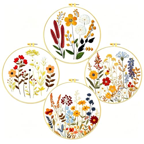 Zhenqing Floral Embroidery Kit - 4 Piece 29x29cm Round Hoop Art Set with Pre-Printed Cotton Fabric, Embroidery Hoop, Threads & Tools for Beginners (C0010) - color: C0010
