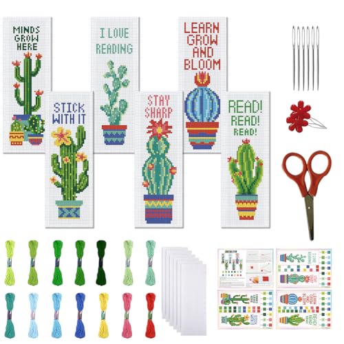 FREEBLOSS 6 Set Cross Stitch Bookmark Kits Cactus Potted Plant Pattern Stamped Cross Stitch Kit 11CT Embroidery Kit with Instructions for Beginners 20x6cm/8x2.4inch - style: Cactus Text