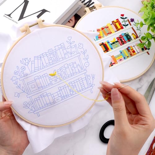 Embroidery Kit for Beginners, Needlepoint Kits for Adults with Bookshelf Stamped Pattern Hand Crafts, Adults Starter Cross Stitch Kit DIY Needlepoint with Hoop, Needles Stamped Patterns DIY Supplies - color: Bookshelf
