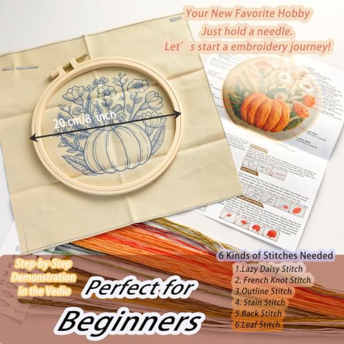 FONNUY Pumpkin Embroidery Kit for Beginners, Pre-Stamped Pattern Kits for Adults with Hoop, Easy to Follow Color Thread Needlework, 8'' Hoop (Flowers) - color: Flowers