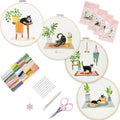 Bonroy 4 Sets Embroidery Set for Beginners, Art Craft, Easy Sewing, Includes Embroidery Clothing, Pattern, Embroidery Hoop, Instruction Manual, Colorful Thread Stitch Set (Cat) - color: Cat