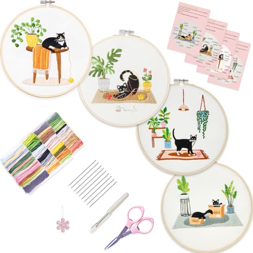 Bonroy 4 Sets Embroidery Set for Beginners, Art Craft, Easy Sewing, Includes Embroidery Clothing, Pattern, Embroidery Hoop, Instruction Manual, Colorful Thread Stitch Set (Cat) - color: Cat