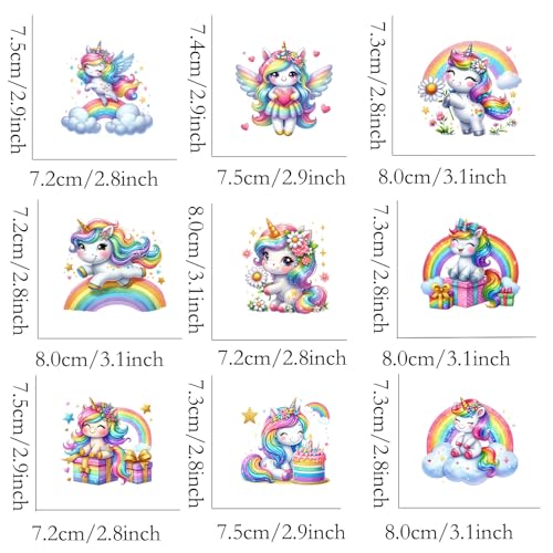 9pcs Unicorn Rainbow Birthday Iron On Decals Thermal Transfer Stickers for Clothing Appliqued Sublimation Patches Iron On Transfer Designs Heat Press Vinyl for Shirts Pillow Covers - style: 9PCS-E01(Small)