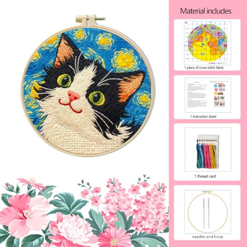 LSLFQYQSK Beginners Embroidery Kits - The Little Cat at Night DIY Cross Stitch Kits,Including,Stamped Flower Patterns,Hoop,Color Threads,Tools (Style C) - style: Style C