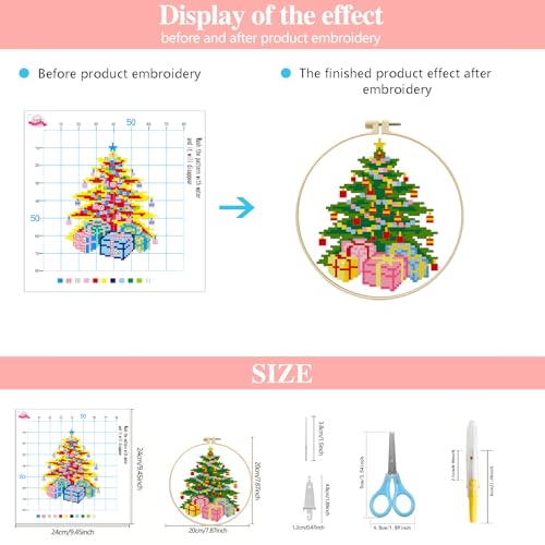 Zhenqing Christmas Tree & Bells Cross Stitch Kit with Hoop - 11CT Pre-Printed 24x24cm Fabric & Complete Tools for Beginners (68321) - style: Christmas Tree & Bells