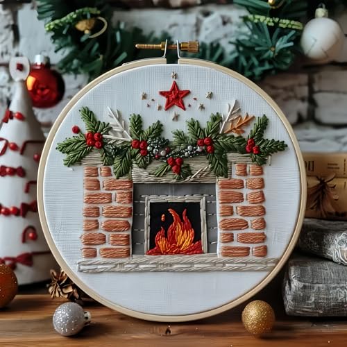 Christmas Embroidery Kit DIY Hand Embroidery Starter Cross Stitch Kits, Christmas Ornaments Embroidery with Stamped Pattern,Cotton,Threads,Needles,Instructions for Adults Beginners (Fireplace) - color: Fireplace