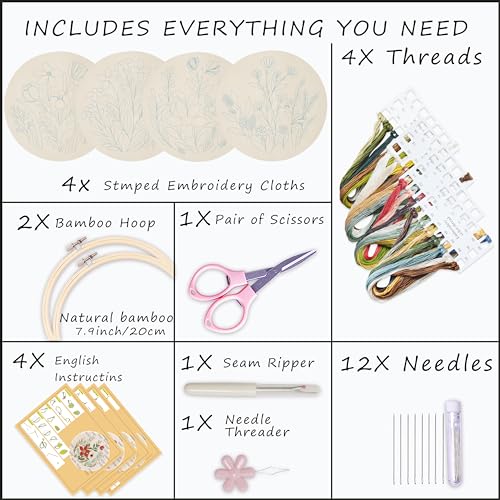 Bonroy 4 Sets Embroidery Set for Beginners, Art Craft, Easy Sewing, Includes Embroidery Clothing, Pattern, Embroidery Hoop, Instruction Manual, Colorful Thread Stitch Set (11) - color: flowers 11