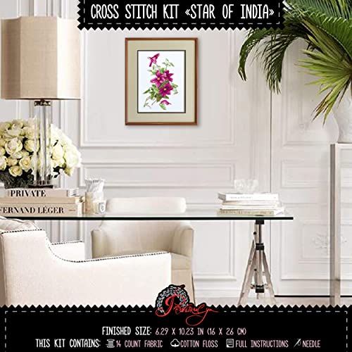 Povitrulya Clematis Flower Star of India Counted Cross Stitch kit - DIY Embroidery Set with Paper Floral Pattern and prestored Floss - color: Clematis