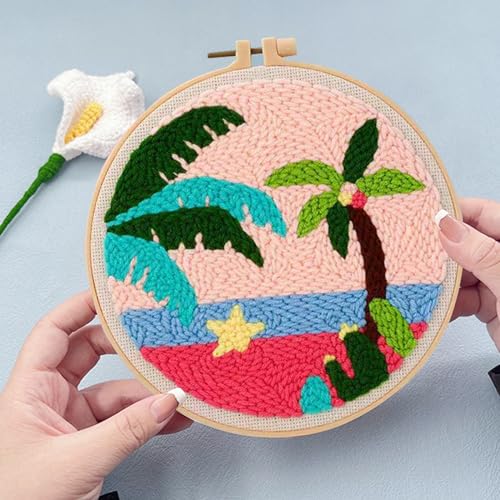 Allazone 3 Set Punch Needle Embroidery Kits With Fabric, Yarns and Sewing Needles for Adults Beginner (Coconut Tree) - color: coconut tree
