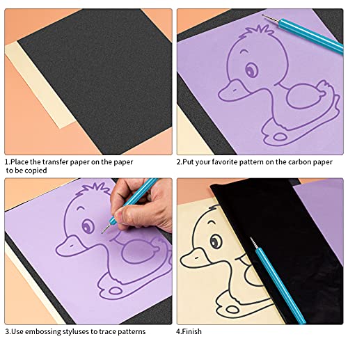 50 Sheets Black Graphite Carbon Paper Transfer (8.5 x 11.5 inch) Tracing Papers with 5 PCS Embossing Styluses Dotting Tools for Wood Paper Canvas Craft