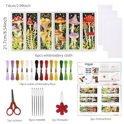 ORIGACH 6 Set Mushroom Jungle Cross Stitch Bookmark Kit for Beginner - style: Mushroom Jungle