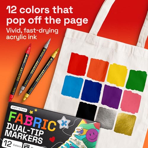 ARTISTRO 12 Dual-Tip Fabric Markers Decorating Kit, Permanent for Clothes