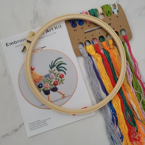 Esffaci Embroidery Starter Kit for Adult Beginner with Funny Rooster Flowers Pattern Hand Embroidery Set with Cloth Hoop Needle Threader Floss and Instruction - color: Rooster
