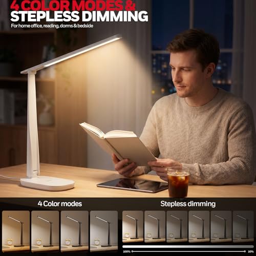 Honeywell LED Desk Lamp Home Office Dimmable 4 Color Reading Light USB Port - color: White
