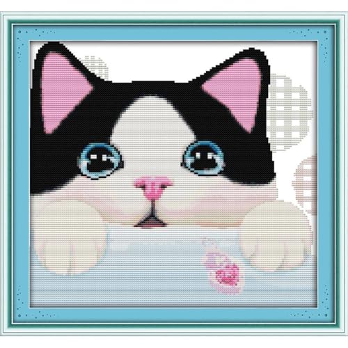 JOYSEWING Cat face Stamped Cross Stitch Kit, Animals Pattern 11CT Cross Stitch Kit for Adult DIY Gifts Craft kit Embroidery Kits for Beginners Wall Decor (Curious(11CT) 17.32 ×16.14 inch) - color: Curious(11CT) 17.32 ×16.14 inch