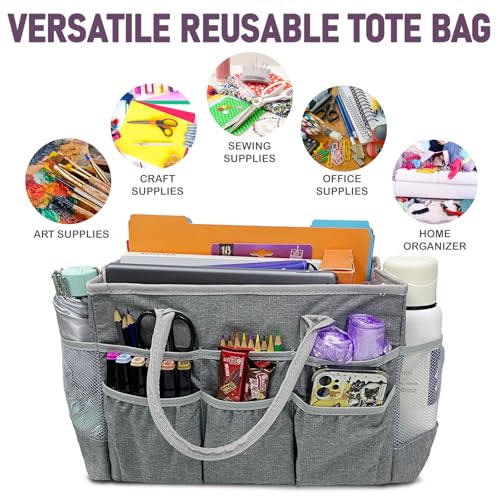 Cupohus Craft Organizer Tote Bag – Craft Caddy with 2 Mesh Side Pockets & Front Elastic Pockets, Foldable Large Capacity Supply Storage Bag for Sewing, Knitting, Painting, and Travel (Grey) - color: Grey