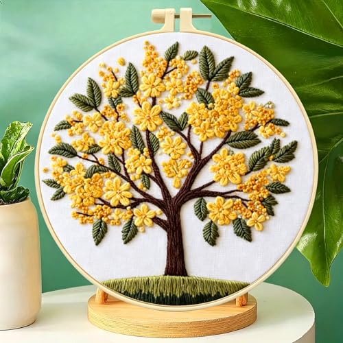 Zhenqing Osmanthus Tree Embroidery Kit for Beginners, Sweet Olive Blossom Craft Set with 20cm Hoop, Printed Design on 29x29cm Cotton Fabric, DIY Nature Wall Art (JCD0100)